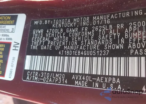 2016 Toyota Avalon Hybrid Limited from USA, damaged, VIN 4T1BD1EB4GU051237